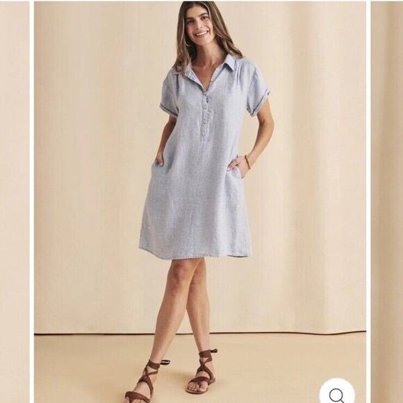 Faherty Hana 100% Linen Shirt Dress Blue Basket Weave Button Collared Size XS - Picture 1 of 11